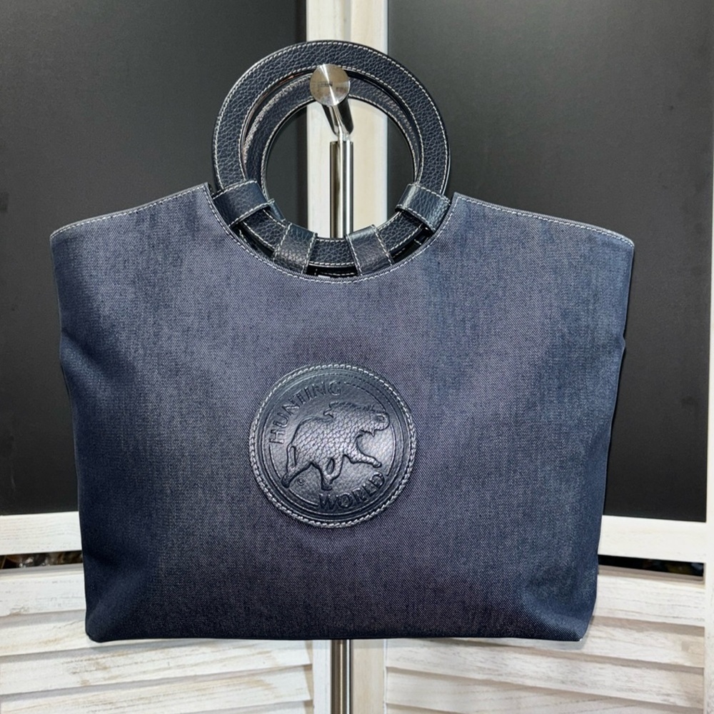 Hunting World Denim Leather Tote, 10.5x13, EUC, callouts on bottom W/HW Keychain
